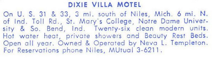 Dixie Villa Motel - Vintage Postcard Back